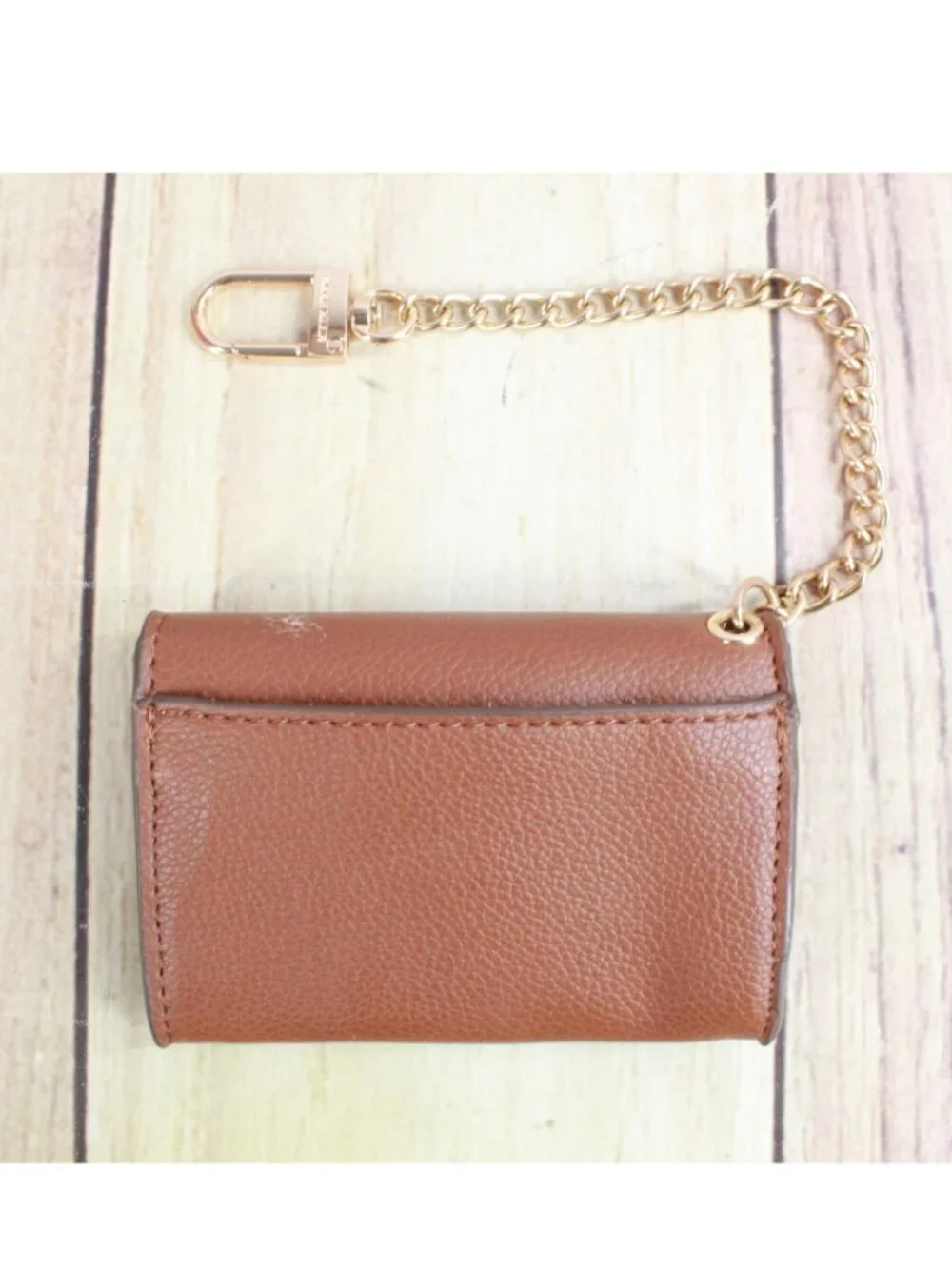 Anne Klein Brown Pebbled Vegan Leather Mini Envelope Card Case with Gold Chain